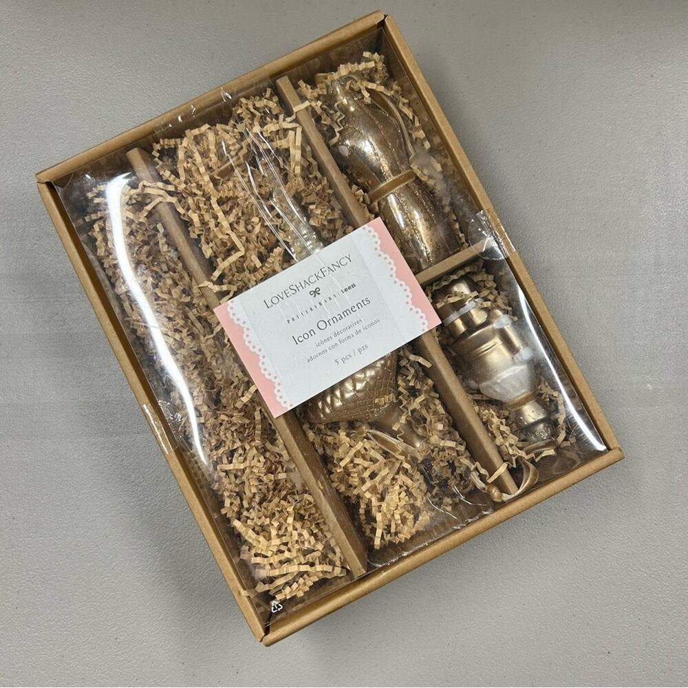 Set of 3 LoveShackFancy Pottery Barn Pink Gold Icon Christmas Tree Ornaments